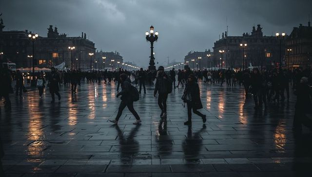 Pedestrians crossing rain-soaked city plaza at dusk with lamppost reflections