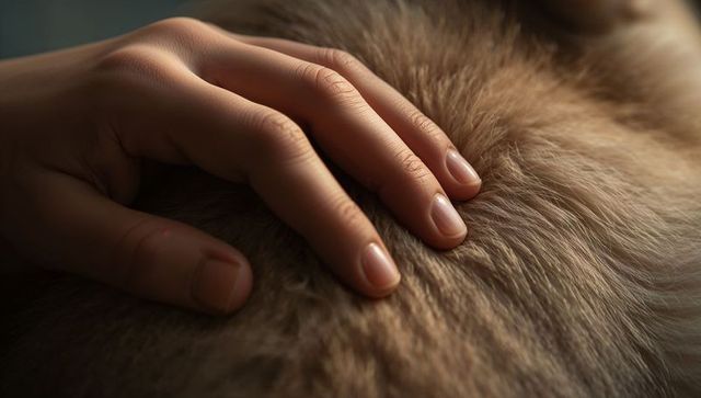 Hand pressing into soft brown fur closeup showing texture warmth and touch cozy detail
