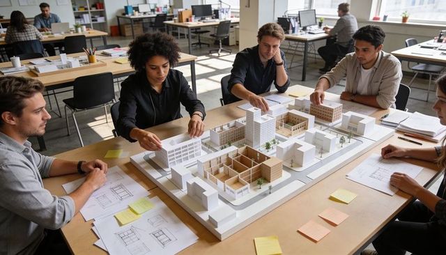 Architects collaborating on urban masterplan scale model and modular building mockup