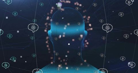 Glowing dotted humanoid silhouette showcasing ai neural network, chat nodes and data flow