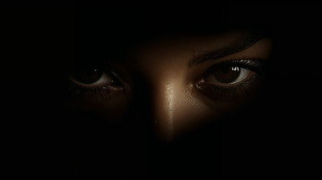 Moody low-key closeup showing intense female gaze and skin texture in narrow light