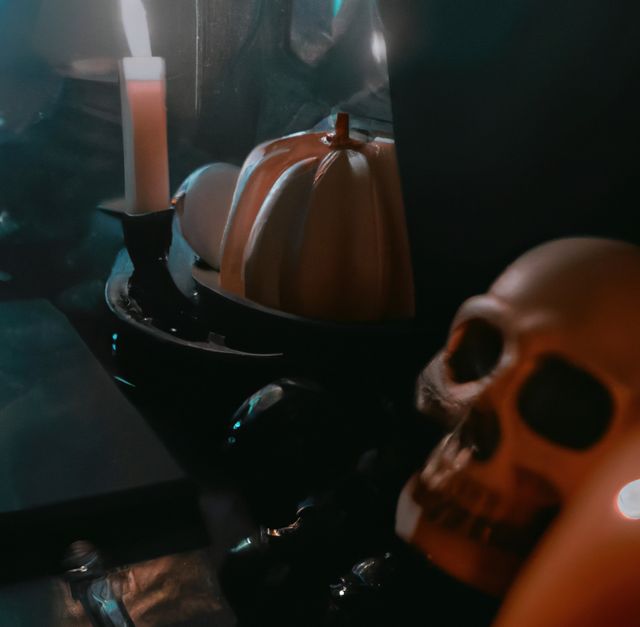 Image of close up of halloween decoration with skull, pumpkin and candle. Halloween festivity, celebration, culture and tradition concept.