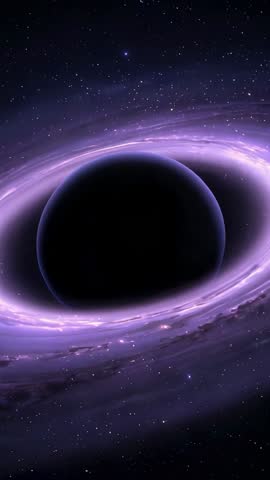 Black hole pulling purple accretion disk with gravitational lensing, vertical space video