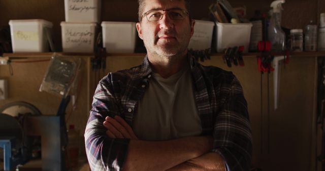 Confident Middle-Aged Man Standing in Workshop with Arms Crossed - Download Free Stock Images Pikwizard.com