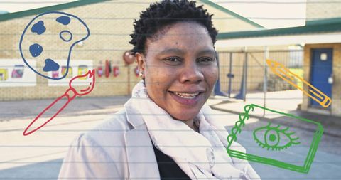 Smiling Female Teacher with School Supplies Illustrations Overlay - Download Free Stock Images Pikwizard.com