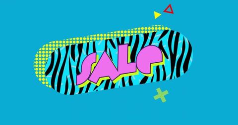 Retro Neon Zebra Sale Badge on Cyan with Pop Art Halftone Oval and Bold Pink Lettering