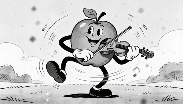 Vintage cartoon apple character playing violin and dancing in meadow hand-drawn illustration