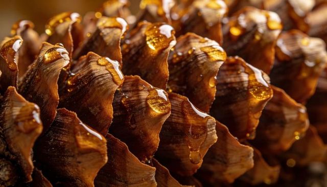 Macro pine cone with amber resin droplets on textured woody scales, golden bokeh closeup