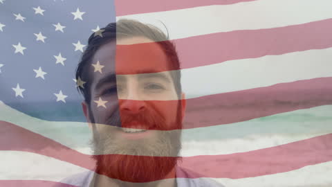 Double Exposure of Happy Man and USA Flag Waving