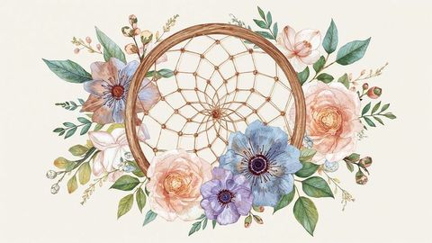 Bohemian dreamcatcher with pastel flowers on cream background