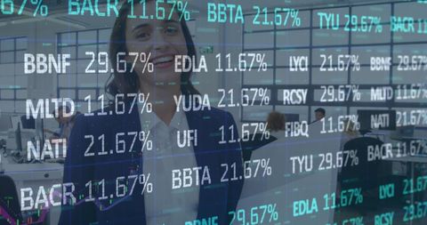 Businesswoman Overlaid with Digital Financial Data