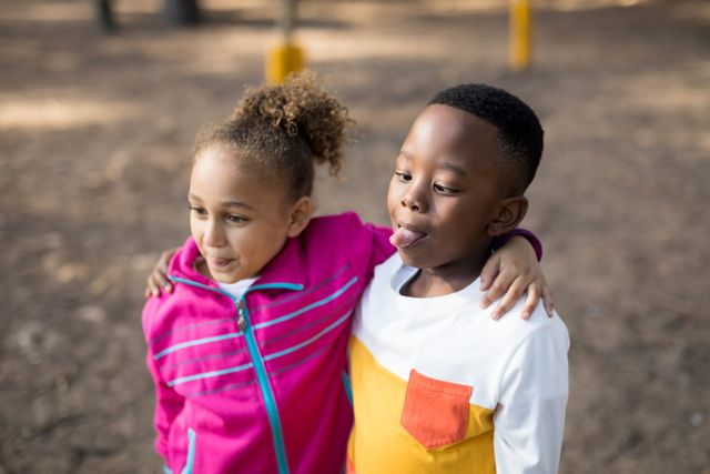 Two children standing with arms around each other in a park, enjoying a playful moment. This image can be used for promoting outdoor activities, childhood friendship, and diversity. Ideal for educational materials, family-oriented advertisements, and community events.