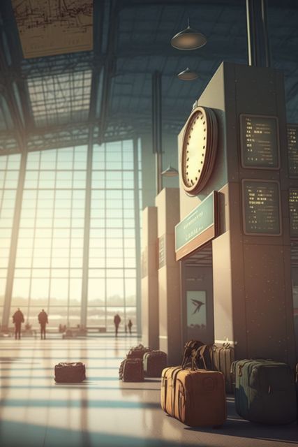 Airport with people, suitcases, clock and screens created using generative ai technology. Airport, transport and travel concept digitally generated image.