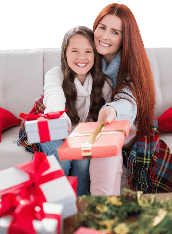 Transparent Christmas Joy: Mother and Daughter with Gifts