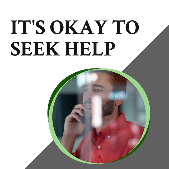 Inspirational image featuring a man on phone emphasizing the importance of seeking help for mental health. Ideal for mental health campaigns, counseling services promotions, wellness website content.