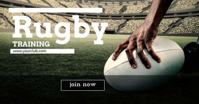 This template image features a hand gripping a rugby ball on a green field with a stadium backdrop, promoting a rugby training event. It is ideal for sports clubs looking to recruit new members or advertise upcoming training sessions. The image conveys readiness and excitement, making it perfect for flyers, social media posts, and event banners.