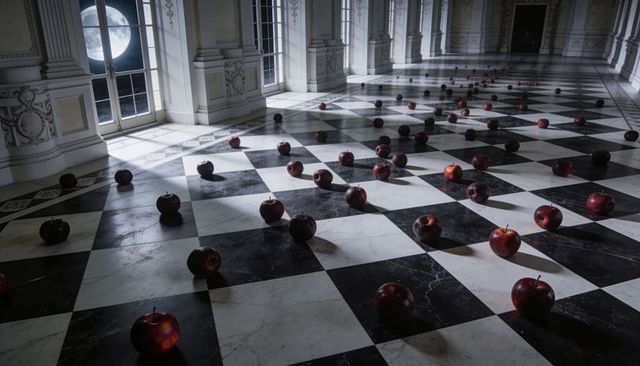 Moonlight-dotted checkerboard marble hallway with glossy red apples, surreal neoclassical
