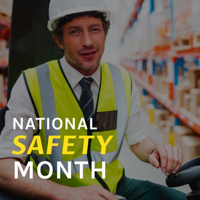 National Safety Month Text with Manager in High Visibility Vest at Warehouse - Download Free Stock Templates Pikwizard.com