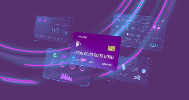 Digitally designed credit card integrated with futuristic data screens over a vibrant purple background. Depicts concepts such as global online banking, modern finance, and data analytics in the fintech sector. Suitable for use in presentations about global finance, articles on innovative financial technologies, or creative digital artwork emphasizing technological advancements in the banking industry.