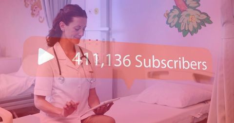 Nurse Using Tablet in Pediatric Ward with Subscriber Overlay