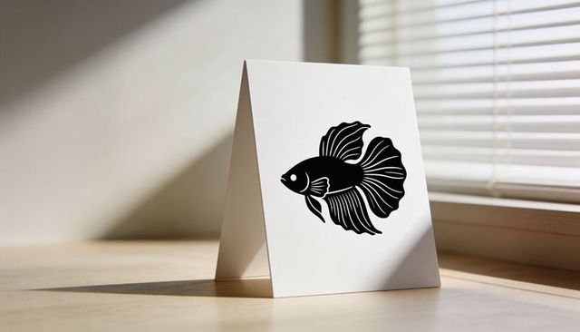 Minimalist betta fish tentfold card on sunlit wooden table with blinds and soft shadows