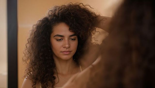 Curly-haired woman adjusting delicate necklace while gazing at mirror in warm beige dressing space
