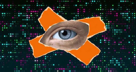 Peering human eye emerging through torn orange tape x on digital pixel matrix surveillance