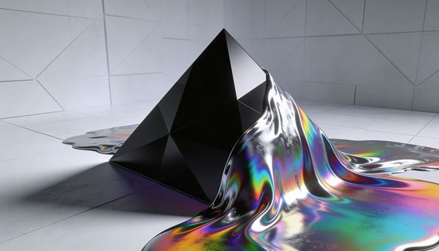 Iridescent liquid flowing over black faceted pyramid creating glossy rainbow pools for minimalist in