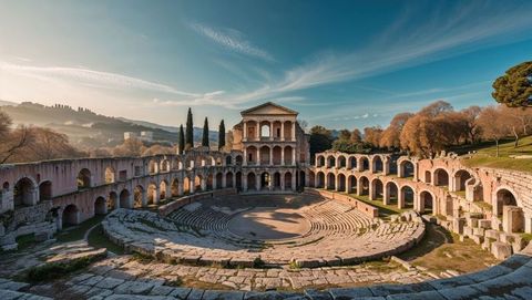 Ancient stone amphitheater with tiered benches near trieste, italy