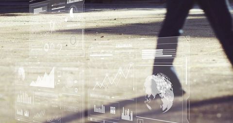 Urban commuter walking through floating analytics hud casting long shadows on pavement