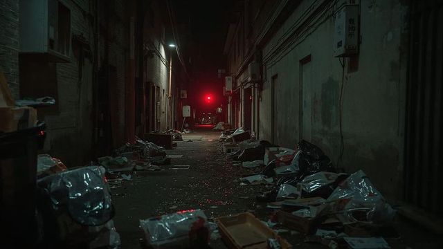 Urban alleyway at night littered with trash under greenish light