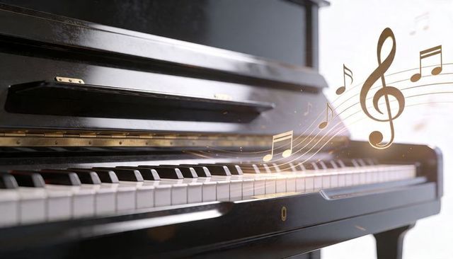 Polished black upright piano keyboard with floating golden musical notes and treble clef