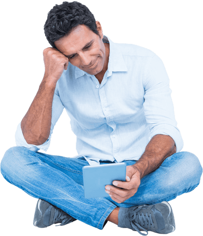 Smiling Man Engaged with Digital Tablet on Transparent Background - Download Free Stock Videos Pikwizard.com