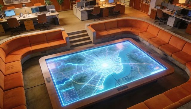 Futuristic glowing map table displaying interactive blue radial city grid for team briefing