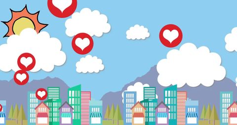 Love Icons Floating Above Vibrant City Landscape in Blue Sky Environment - Download Free Stock Images Pikwizard.com