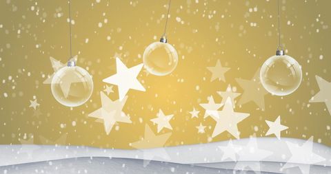 Festive Christmas Ornaments and Stars on Yellow Background