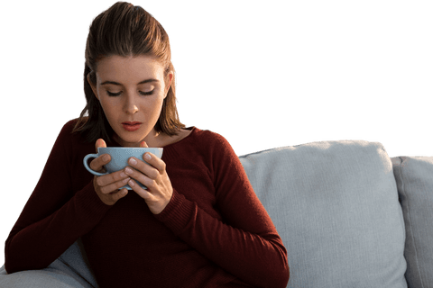 Woman Enjoying Hot Coffee on Comfortable Sofa Isolated Transparent