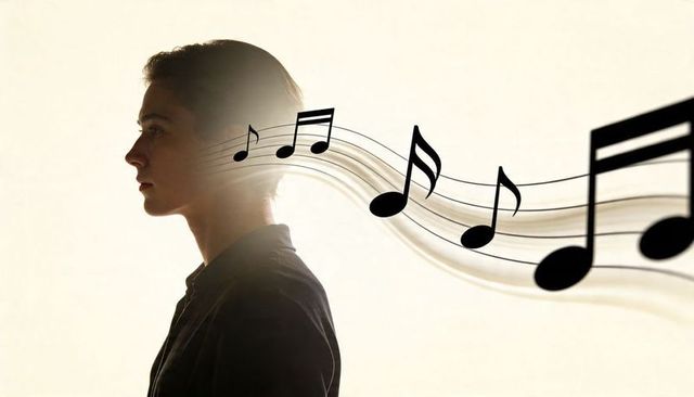 Rim-lit woman profile listening to flowing music notes creative mind and sound concept