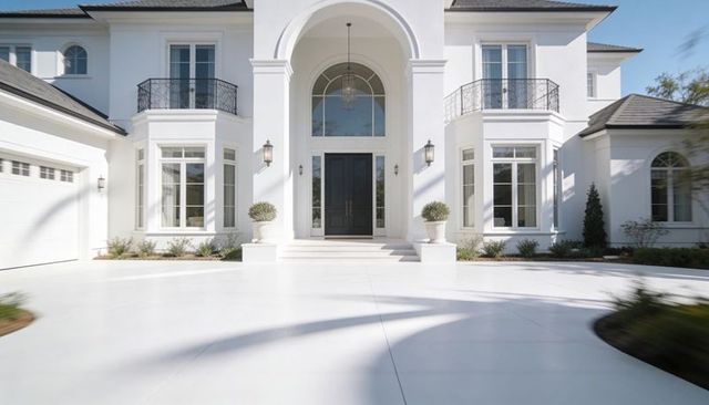 Sunlit neoclassical mansion showcasing grand arched portico, dark double doors, balconies