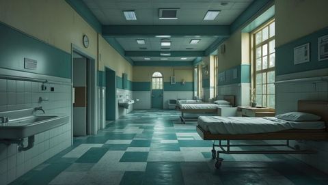 Empty hospital ward corridor with metal-framed beds and sinks
