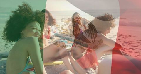 Young adults enjoying sunny beach hangout in swimwear with mexican flag overlay