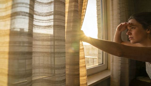 Woman pulling sheer curtain shielding eyes at sunlit window morning contemplation