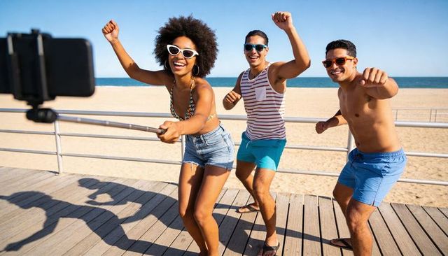 Energetic friends dancing and taking selfie on sunny beach boardwalk with ocean horizon