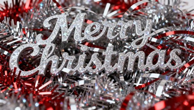Shimmering silver merry christmas ornament resting on red and silver metallic tinsel