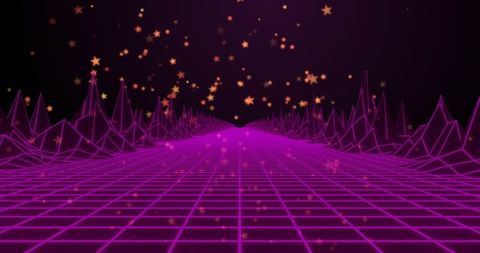 Neon magenta grid corridor receding to horizon with wireframe mountains and floating gold stars