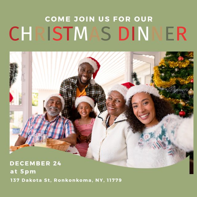 African American family celebrating Christmas dinner together, smiling and wearing festive clothing. Ideal for promoting holiday family gatherings, Christmas dinner events, and festive celebration advertisements. Use in marketing materials to highlight joyful and inclusive holiday celebrations.