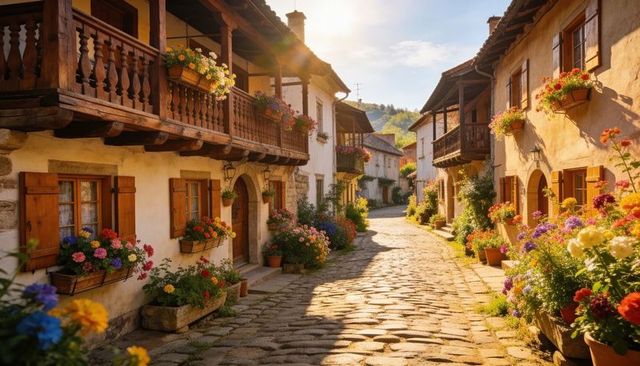 Sunlit Golden Hour Cobblestone Village Lane with Wooden Balconies and Abundant Flower Boxes