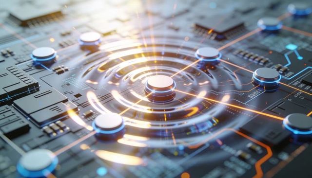Futuristic PCB central node emitting concentric energy rings with neon circuit traces