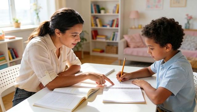 Hands-on tutor guiding child writing homework at sunlit home desk during calm learning