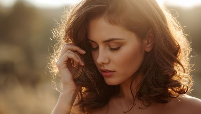 Gazing woman touching hair at golden hour, tilting head, backlit meadow portrait